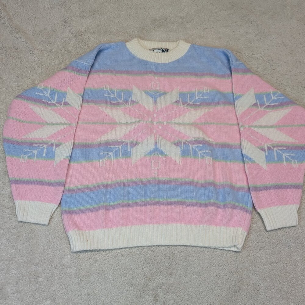 Vintage Diversity Sport Pastel Knit Pink Blue Snowflake Winter Sweater M Petite
